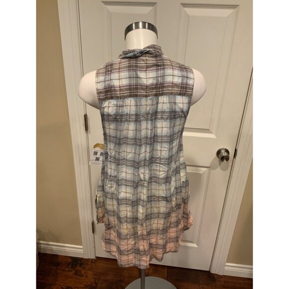 Free People Multicolor Plaid Ombre Button-Up Sleeveless Collared Shirt, Size XS - Picture 4 of 5